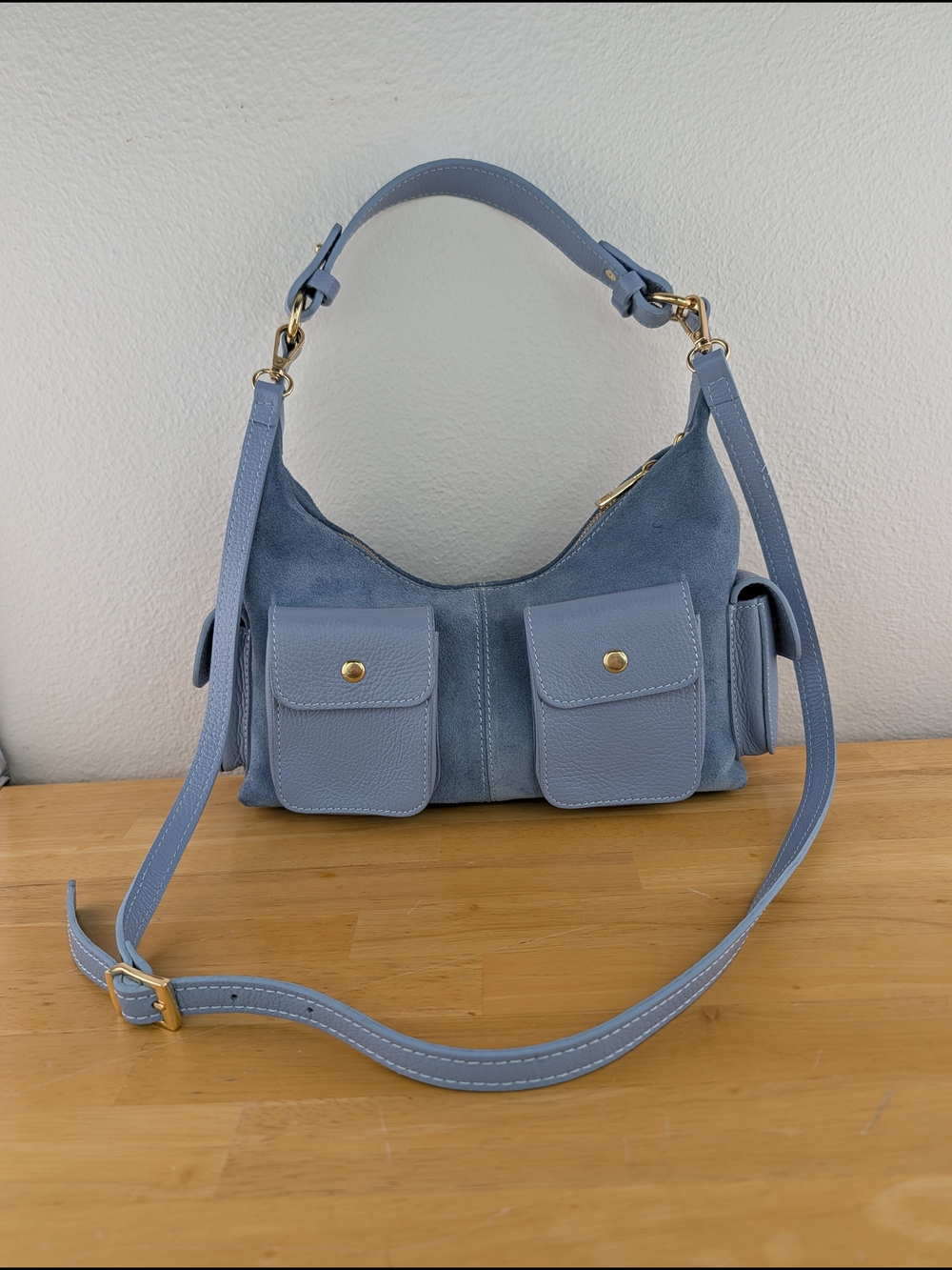 Lilium Firenze Genuine Italian Leather Shoulder Crossbody Bag Blue Suede